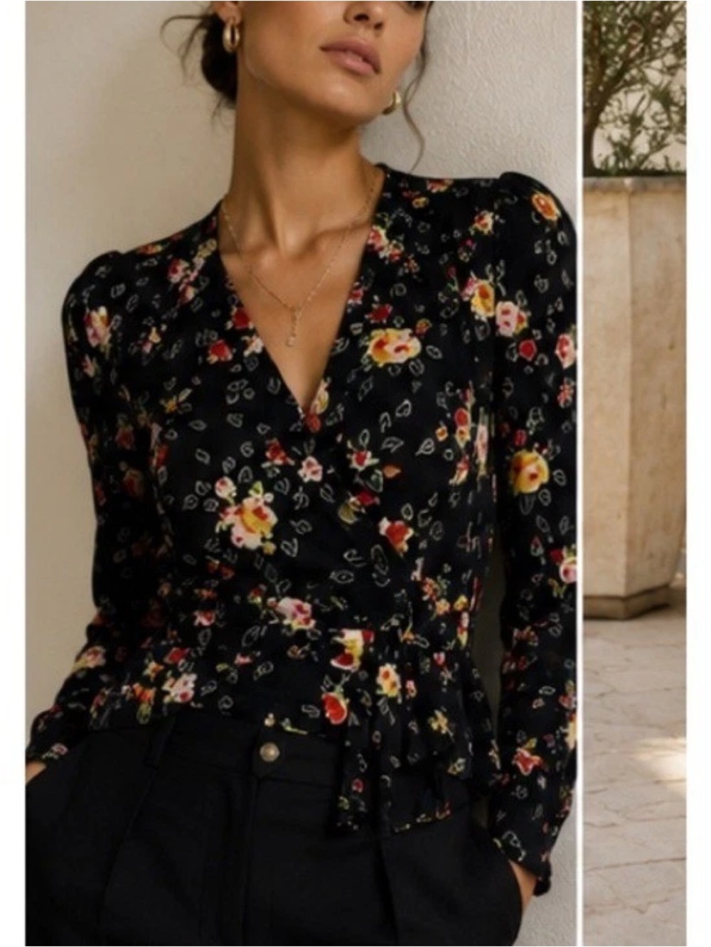 Veronica Beard Black Floral V-Neck Peplum Faux Wrap Blouse Kiana Silk